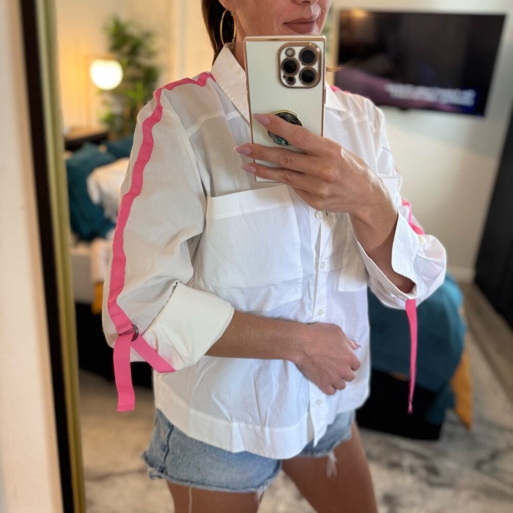 HALOGEN - White & Pink Button Up Shirt - MEDIUM
